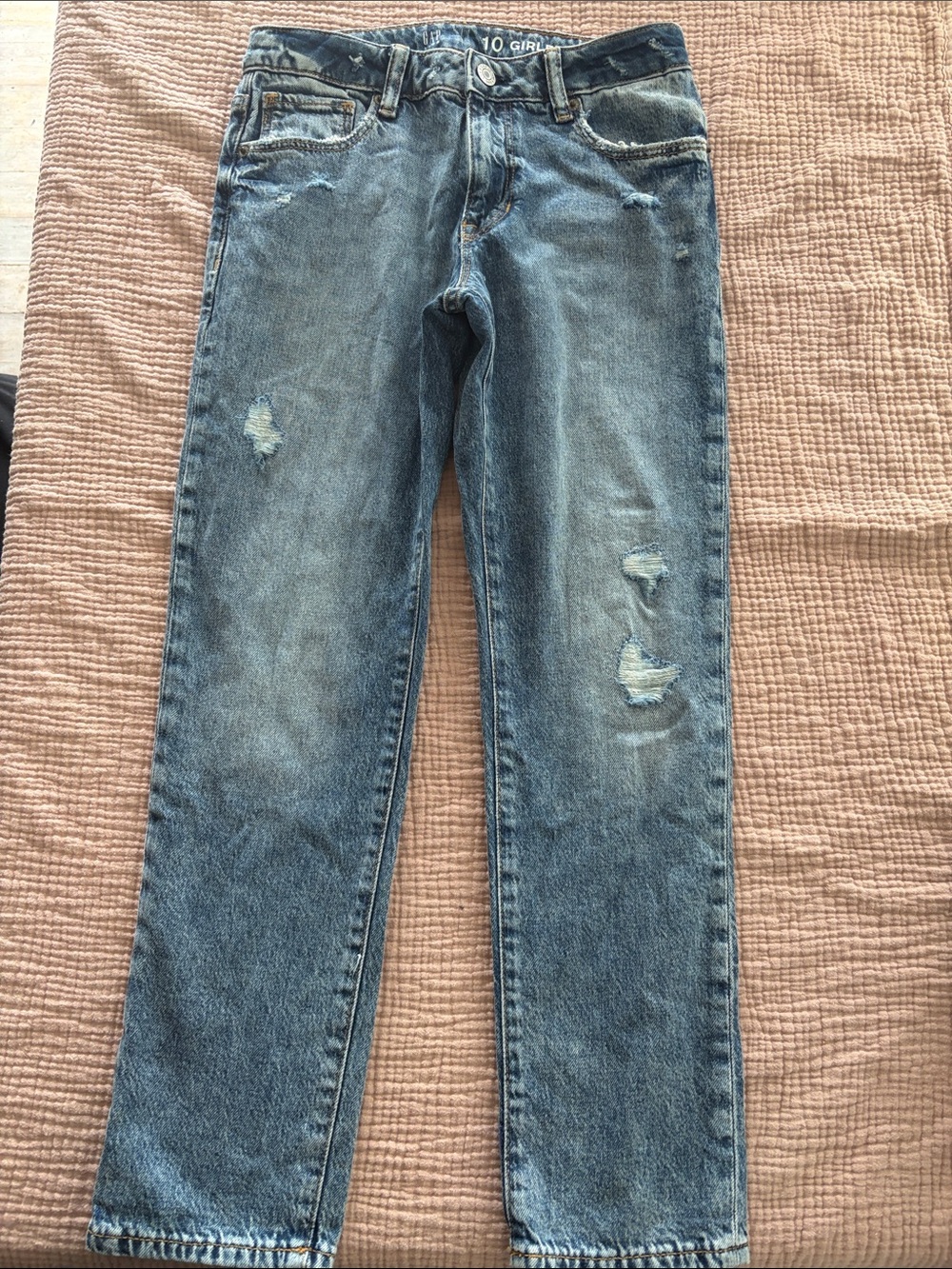 GAP Girls Slim Straight Jeans in Washed Blue with Light Distress